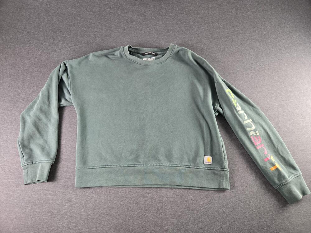 Carhartt Sweatshirt Womens Medium Green TENCEL Loose Fit Logo Sleeve Crewneck